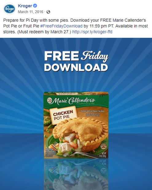 Kroger's Friday download for Pi Day, March 11, 2016