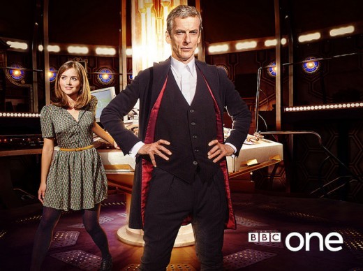 Jenna Coleman, as Clara, and Peter Capaldi as the Doctor inside the re-decorated TARDIS.