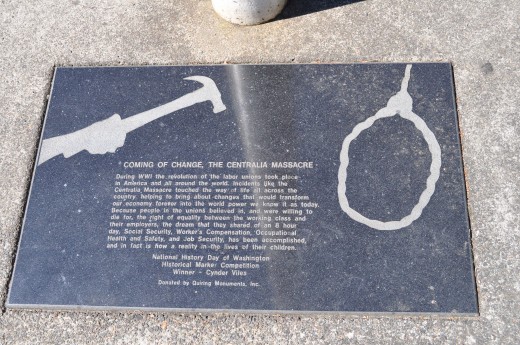 Plaque at Centralia, Washington, commemorating the Centralia Massacre and praising the efforts of unions in advancing th