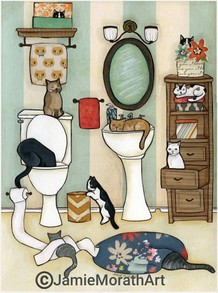 The Big Black Cat, cat drinking out of toilet, cat sleeping in sink, cats in bathroom with striped wallpaper, cat under rug, cat shelf