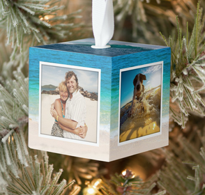 Wood cube ornament, four photo templates