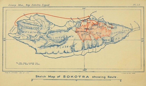 Red shading marks Socotra's granite core, where Haghier Mountains (1 of Socotran pomegranate's habitats) are located.