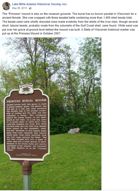 Wisconsin Historical Marker for Princess Burial Mound; stone Princess Mound marker atop conical marker mound