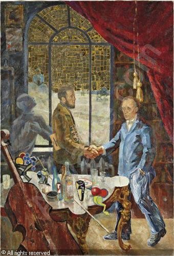"Meeting Solzhenitsyn and Bell at the Dacha of Rostropovich," 1972 oil on canvas, gold leaf, paper by Komar and Melamid