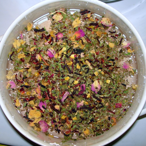 a tea/tisane blend of green tea, hibiscus flowers, orange peel, red raspberry leaf and rose hips; Saturday, July 9, 2011