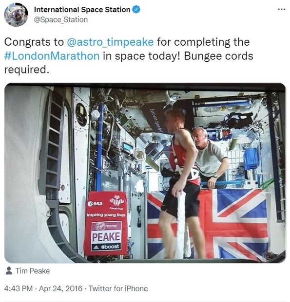 Tim Peake began the London Marathon over the Pacific Ocean.