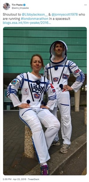 Team Astronaut wore replicas of Sokol suit, worn by Russian astronauts in trips to and from ISS via Soyuz capsule.