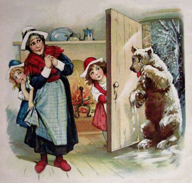 Snow White and Rose Red get a visit from a bear by Frances Brundage