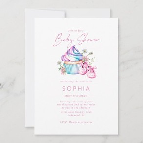 Pink baby shoes, cupcake and flowers Baby Shower Invitation