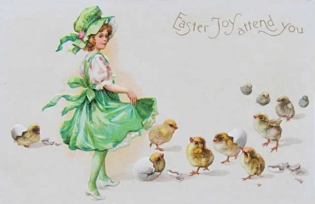 Vintage Easter card with young girl, eggs, and chicks