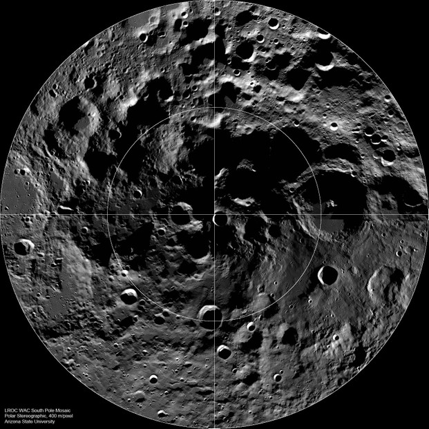 "PIA13523: The Lunar South Pole," image addition date 2010-09-27; image credit NASA/GSFC/Arizona State University