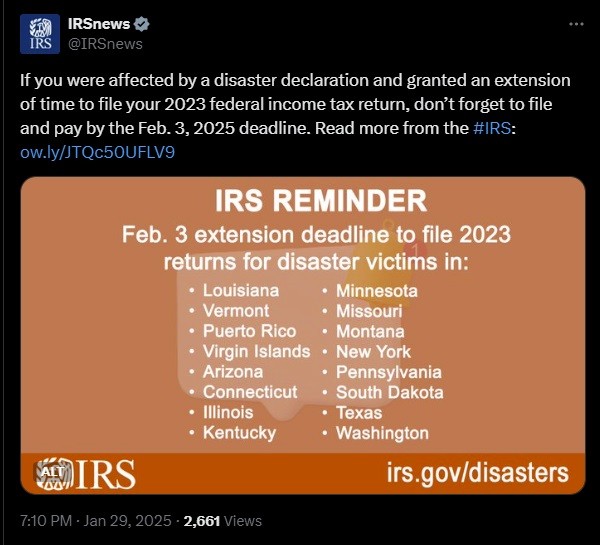 reminder for 2023 federal income tax filers granted disaster-related extension deadline