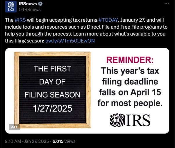 IRS 2025 tax season officially opens Monday, Jan. 27, 2025.