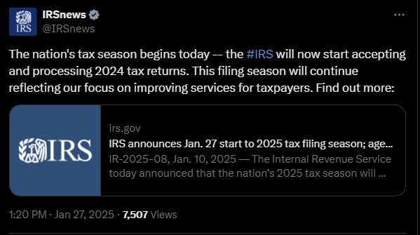 The 2025 IRS tax season for 2024 tax returns opens Monday, Jan. 27, 2025.