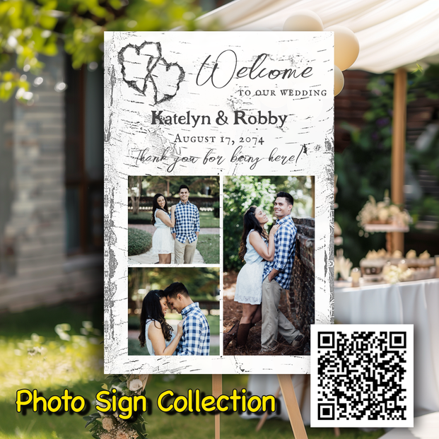 Birch Hearts wedding welcome sign: Scan QR code