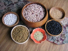 Some saved seeds from my garden, including several kinds of beans, peas, lentils, and wheat. 