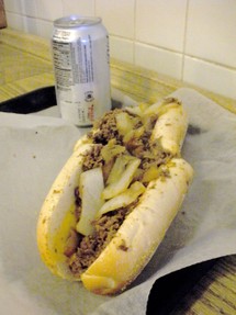 A classic cheesesteak "wit" (onions). Jim's Steaks on South Street.